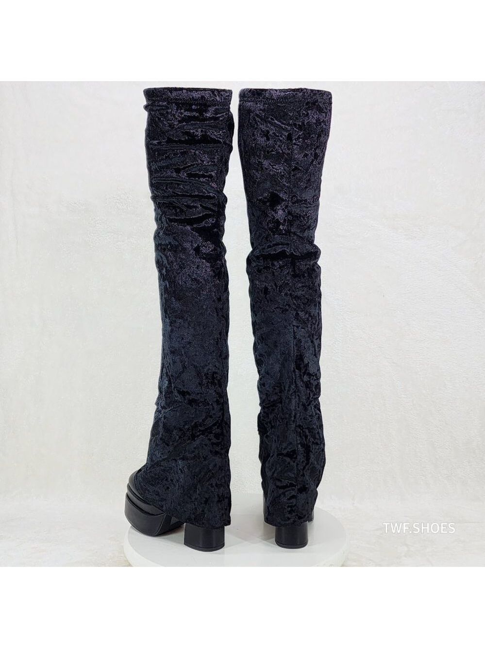 Unique Thigh High Black Velvet Fold over Skirted Chunky Heel Platform Boots - Picture 14 of 17